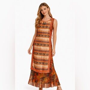Vintage Boho Maxi Dress Tribal Print Lace Up Sides Sleeveless Festival Hippie